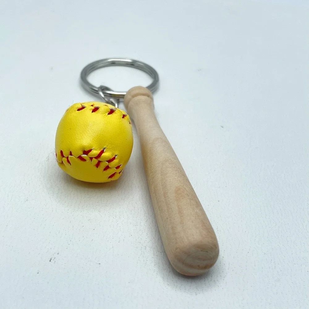 Vintage Silver Tone Mini‎ Yellow Soft Baseball Wood Bat Charm Keychain Statement
